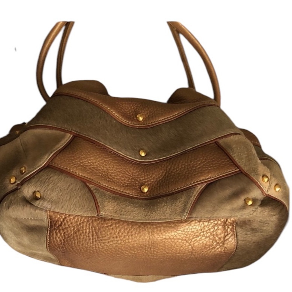 Cole Haan  large gold metallic leather bucket bag , tan calf hair